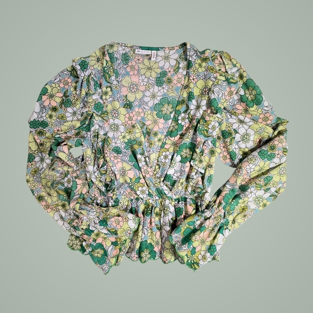 ASOS Design Peplum Blouse Green Floral‎ 70s Retro Boho Scallop Hem Size 6